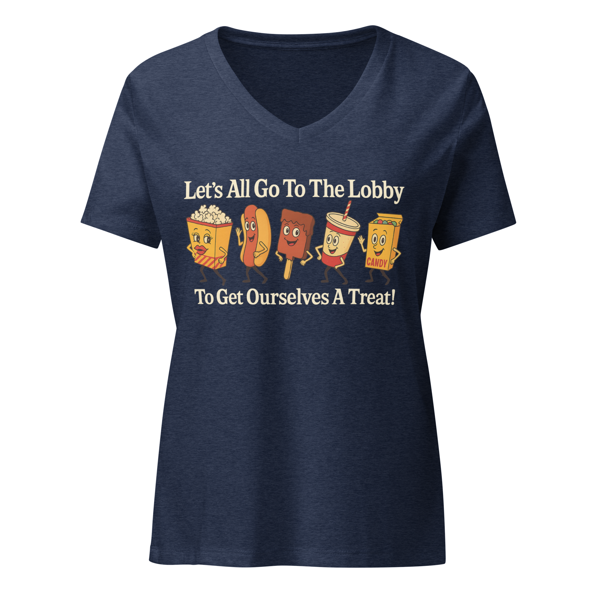 Retro Movie Theater T-Shirt | Funny “Let’s All Go To The Lobby” Concession Stand Tee | Vintage Popcorn Candy Soda Hot Dog Shirt